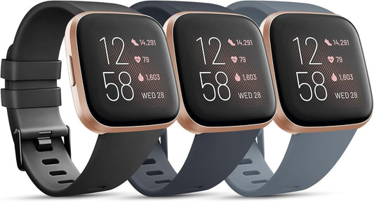 3 Pack Sport Bands Compatible with Fitbit Versa Bands, Classic Soft Sport Replacement Wristbands for Fitbit Versa 2 Smart Watch Women Men