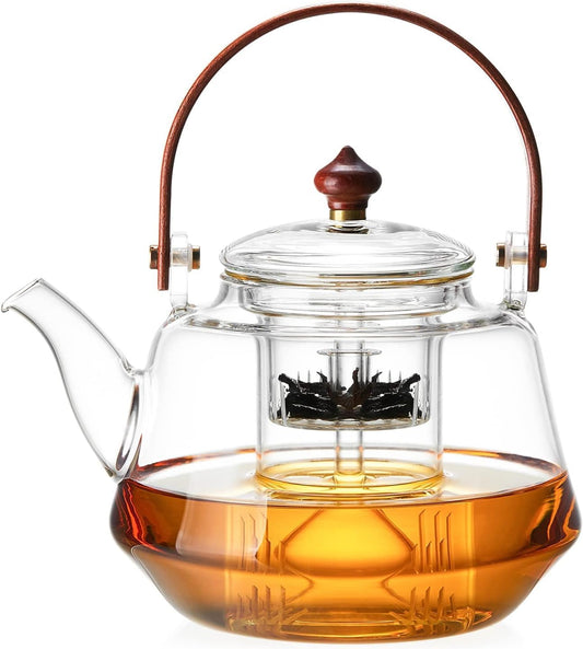 40oz Glass Teapot with Anti-Drip Spout, Peach Wood Handle and Lid, Heat-Resistant Borosilicate Glass, Dual Infusers for Steaming and Boiling