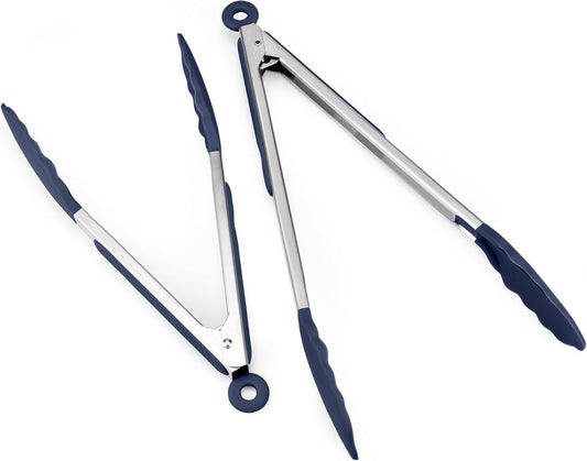 Doosu Kitchen Tongs Set for Cooking: 600°F Heat-Resistant Silicone Food Tong, Stainless Steel Locking Tongs for BBQ (9+12in, Blue)