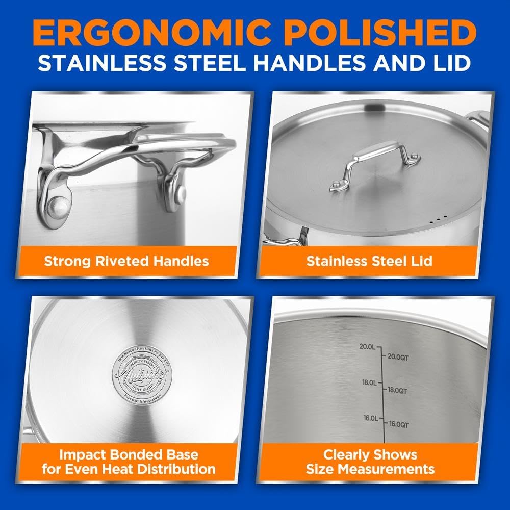 Stainless Steel Cookware Stockpot - 20 Quart, Heavy Duty Induction Pot, Soup Pot With Stainless Steel, Lid, Induction, Ceramic, Glass and Halogen Cooktops Compatible - NCSPT20Q