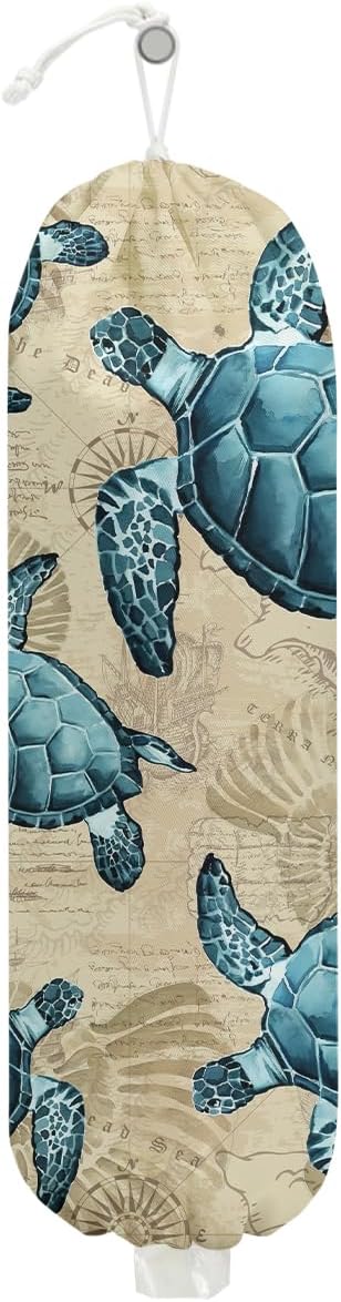 Sea Turtle Plastic Bag Holder, Wall Mount Grocery Bag Holder, Plastic Storage bag, Pull Rope Free Adjustment, Plastic Bag Holders for Grocery Bags, Plastic Bag Dispenser for Home Kitchen