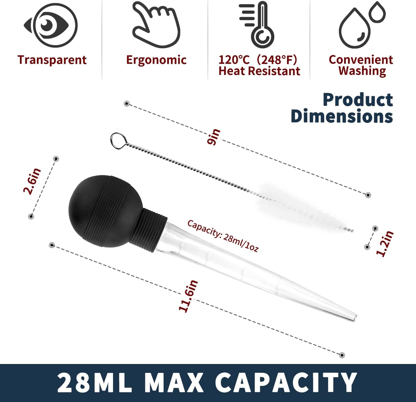 Turkey Baster With Cleaning Brush, Baster Syringe for Home Baking and Roaster Turkey, Include Detachable Food Grade Bulb with Double Scales for BBQ Grill Baking Kitchen Cooking