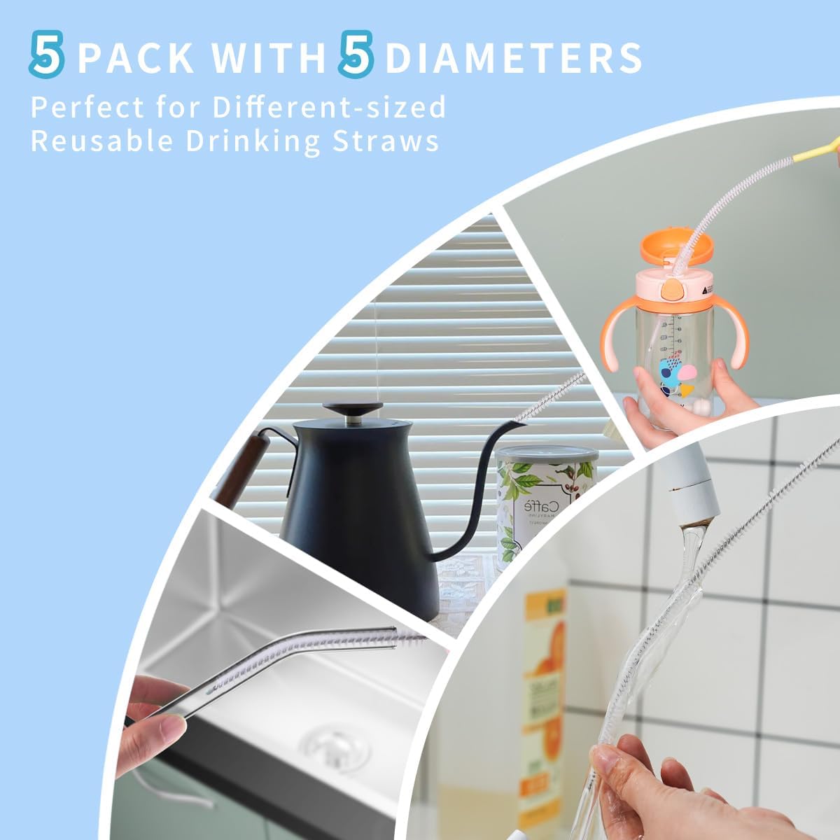 Straw Cleaner Brush Set – 10 Inch, 5 Sizes (4–12mm) Nylon Bristles – Heavy-Duty, Non-Scratch, Easy-Grip Handle – for Reusable Straws, Baby Bottles, Sippy Cups & Pipes