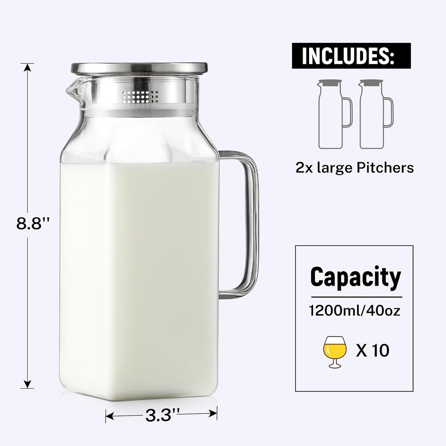 Netany 2 Pack 1.2 Liters/40 oz Small Square Glass Pitcher with Lid and Handle for Fridge, Iced Tea and Coffee Carafe Storage Container, Resistant to Hot and Cold Borosilicate Jug