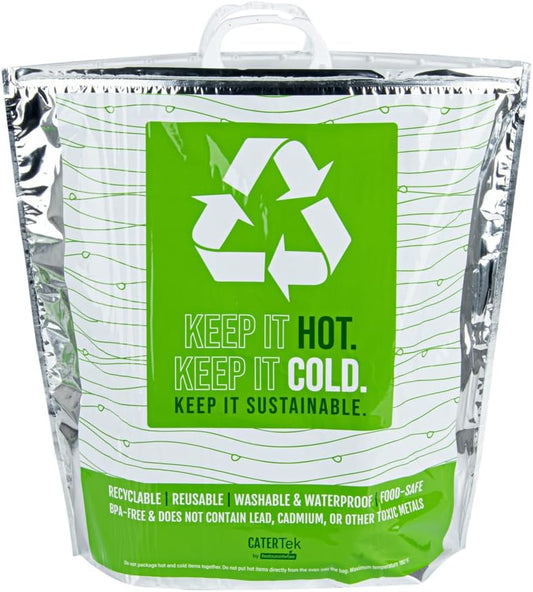 Restaurantware Cater Tek 20.1 x 7.1 x 20.1 Inch Hot And Cold Bags 10 Triple Layer Insulated Bags - Snap Lock Handles Waterproof Green & Silver Plastic Thermal Lunch Bags For Frozen & Hot Items