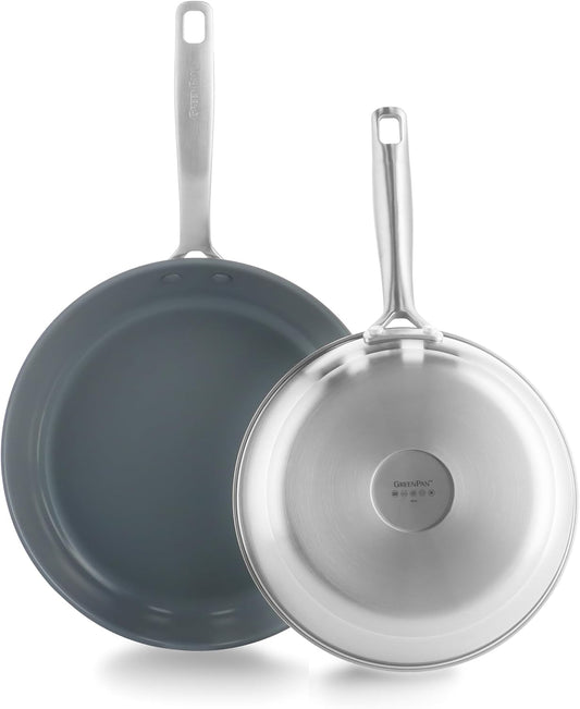 GreenPan Treviso 9.5” and 11” Frying Pan skillet Set, Non-Toxic PFAS-Free Stainless Steel Ceramic Nonstick Coating, Induction Suitable, Multi Clad, Pouring Rims, Dishwasher & Oven Safe to 600°
