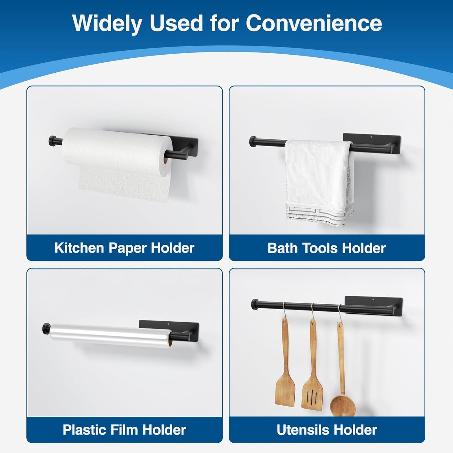 Paper Towel Holder - Self-Adhesive or Drilling, Matte Black Wall Mounted Rack - SUS304 Stainless Steel Kitchen Roll Dispenser Under Cabinet