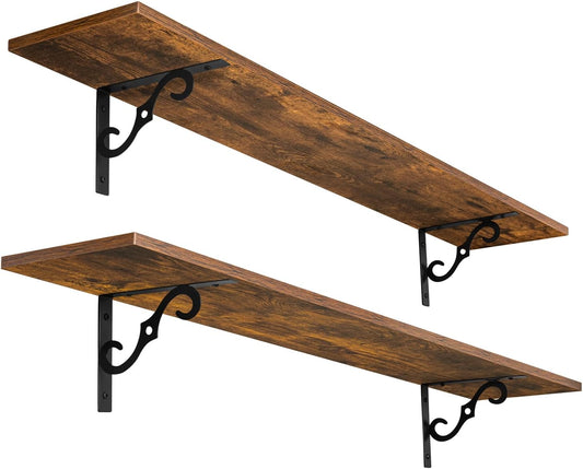 DINZI LVJ Long Wall Shelves, 47.3 Inch Large Floating Shelves Set of 2, Wide Display Shelf Wall Mounted with Brackets, Easy Hanging for Living Room, Toilet, Office, Bedroom, Rustic Brown