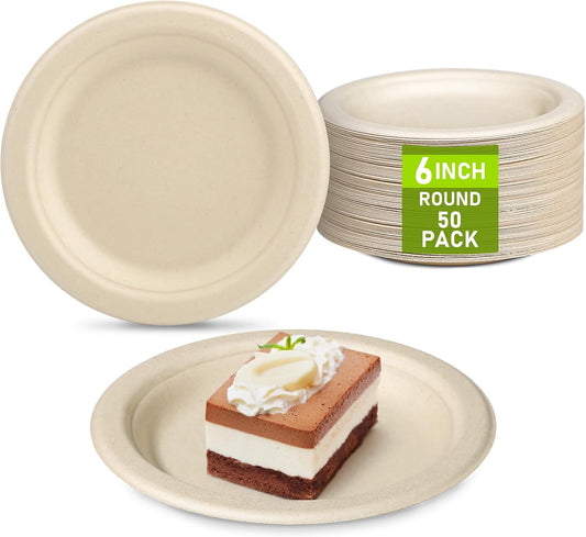 Small Eco Friendly Disposable Paper Plates, 50 Pack 6 inch Biodegradable Compostable Recycled Paper Dessert Plates