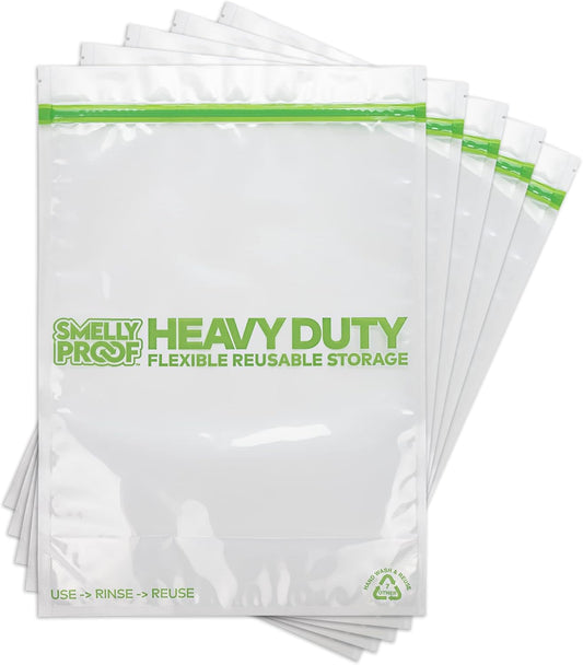 Smelly Proof HEAVY DUTY Reusable STAND-UP Bags for Food Storage, USA Made, NO PEVA & BPA FREE, Reusable Freezer Bags, Dishwasher-Safe, Triple Zip, CLEAR 5-mils XXL 2-Gallon 12" x 16" - 5pk