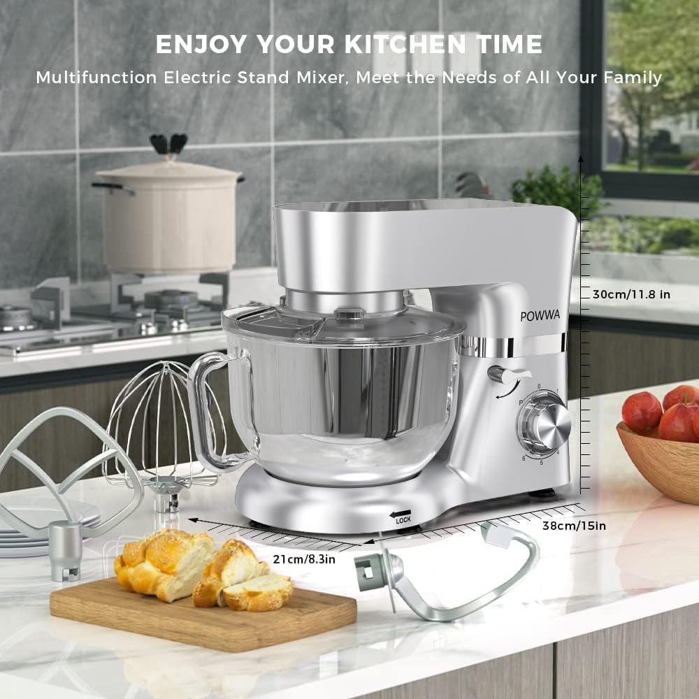 Stand Mixer, POWWA 7.5 Quart Electric Mixer, 6+1 Speed 660W Tilt-Head Kitchen Food Mixers with Whisk, Dough Hook, Mixing Beater & Splash Guard for Baking, Cake, Cookie (Silver-with Handle)