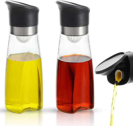 Premium Glass Olive Oil and Vinegar Dispenser Bottles Set, 2-Piece Kitchen Cooking Cruet with Auto-Open Lid, Non-Drip Pouring Spout, Oil Infuser Filter, Dishwasher Safe (Black 11oz)