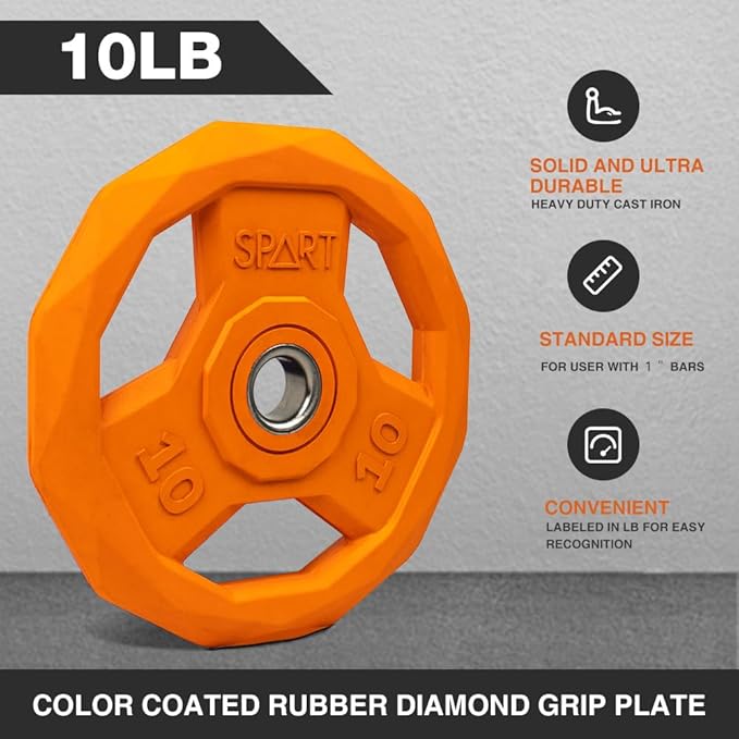 SPART Color Coded Weight Plate 1-Inch Rubber Coated Standard Grip Plate for Barbell,Solid Cast Iron Weight Plates for Strength Training,Weightlifting,Crossfit, Fit All 25/28mm Barbells