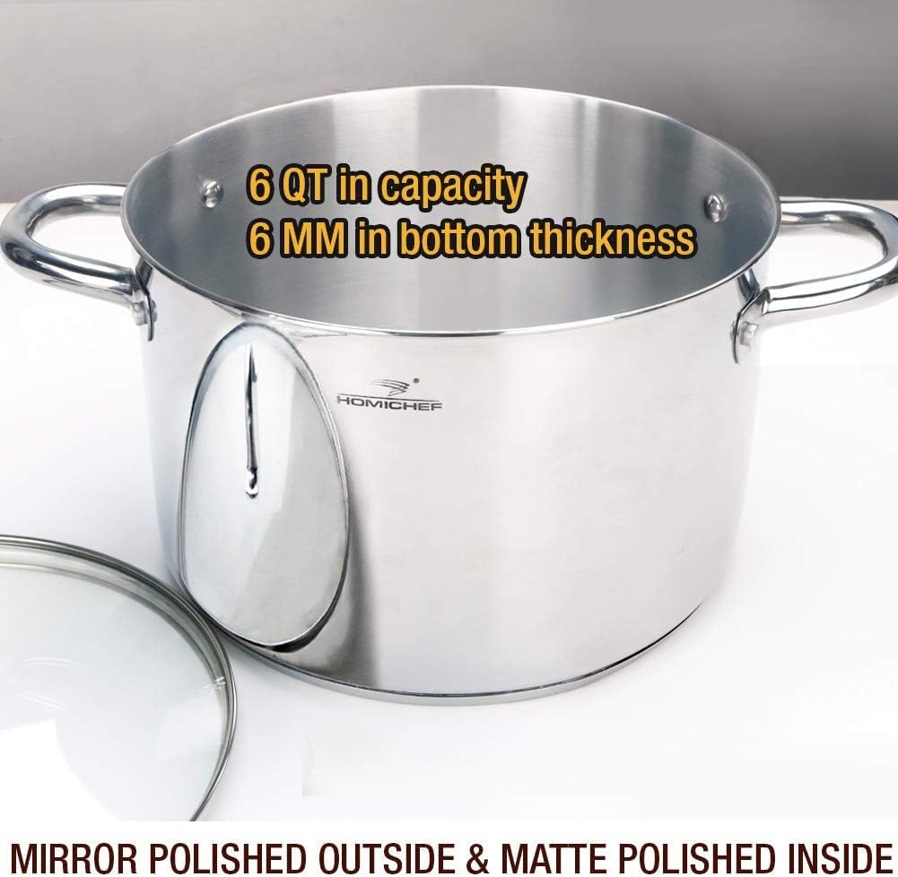 HOMICHEF Stock Pot 6 Quart Nickel Free Stainless Steel - 6 Qt Soup Pot With Lid and Handle - Small Cooking Pot 6 Quart - Ideal for Soup, Sauce, and Induction Cooking