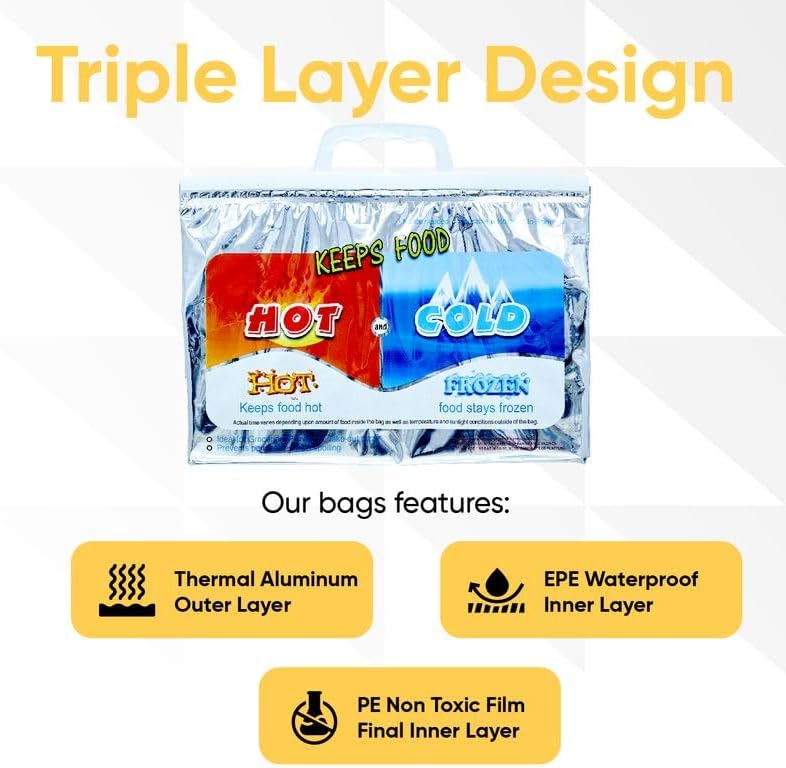 Superio Hot and Cold Insulated Bags for Food Delivery, Grocery Shopping Bags, Food Storage for Hot and Frozen Food for Travel, Disposable Cooler Bag, Reinforced Thermal Lunch Bag (10, 13"x5.5"x8.5")