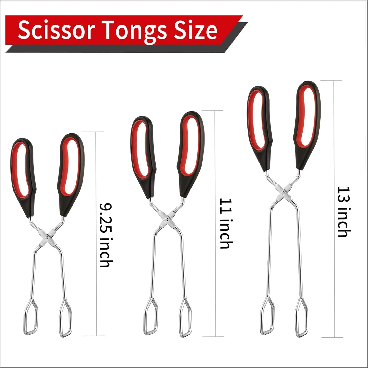 Stainless Steel Scissor Tongs 9.25-Inch, 11-Inch, and 13-Inch Set, Set of 3