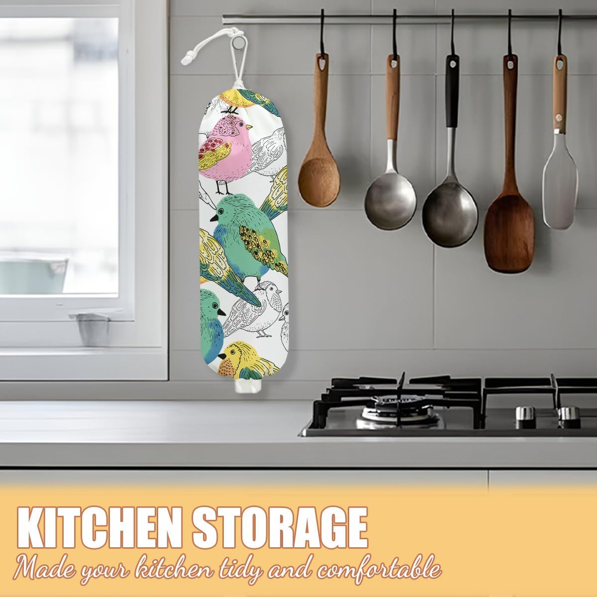 Bird Plastic Bag Holder, Wall Mount Grocery Bag Holder, Plastic Storage bag, Pull Rope Free Adjustment, Plastic Bag Holders for Grocery Bags, Plastic Bag Dispenser for Home Kitchen