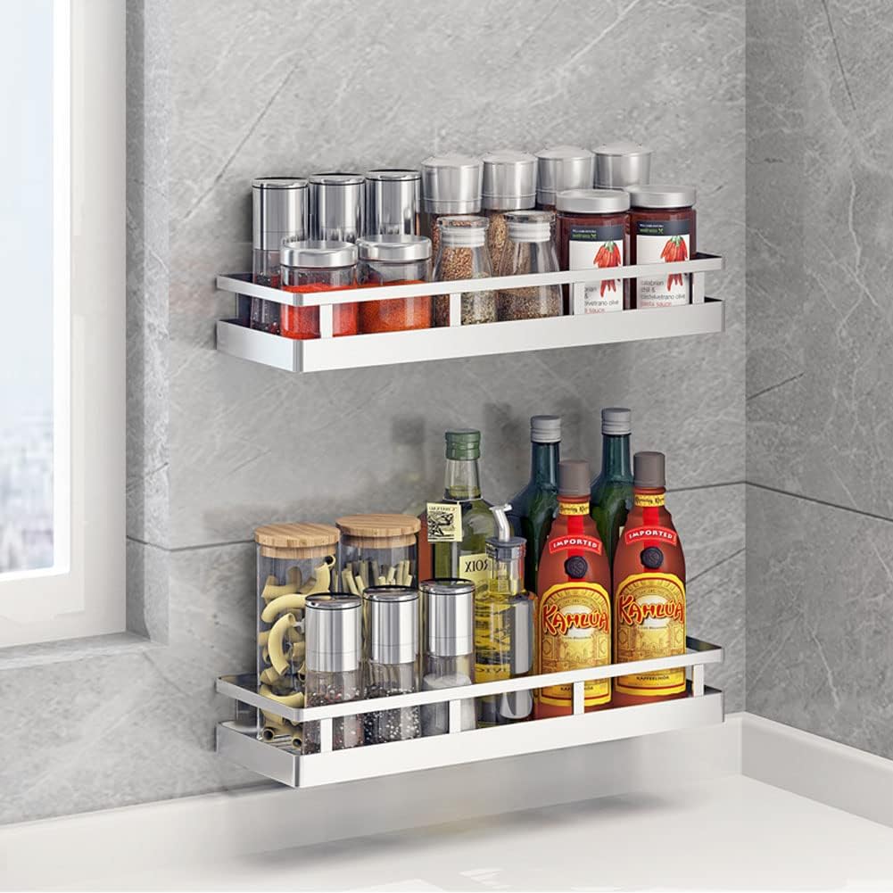 2PCS Kitchen Spice Rack, SUS304 Stainless steel Wall Mount Storage Rack, Seasoning Container, 15.7Inch Spice Organizer, Kitchen Seasoning Hanging Rack, Bathroom Shelf for Storing Toiletries