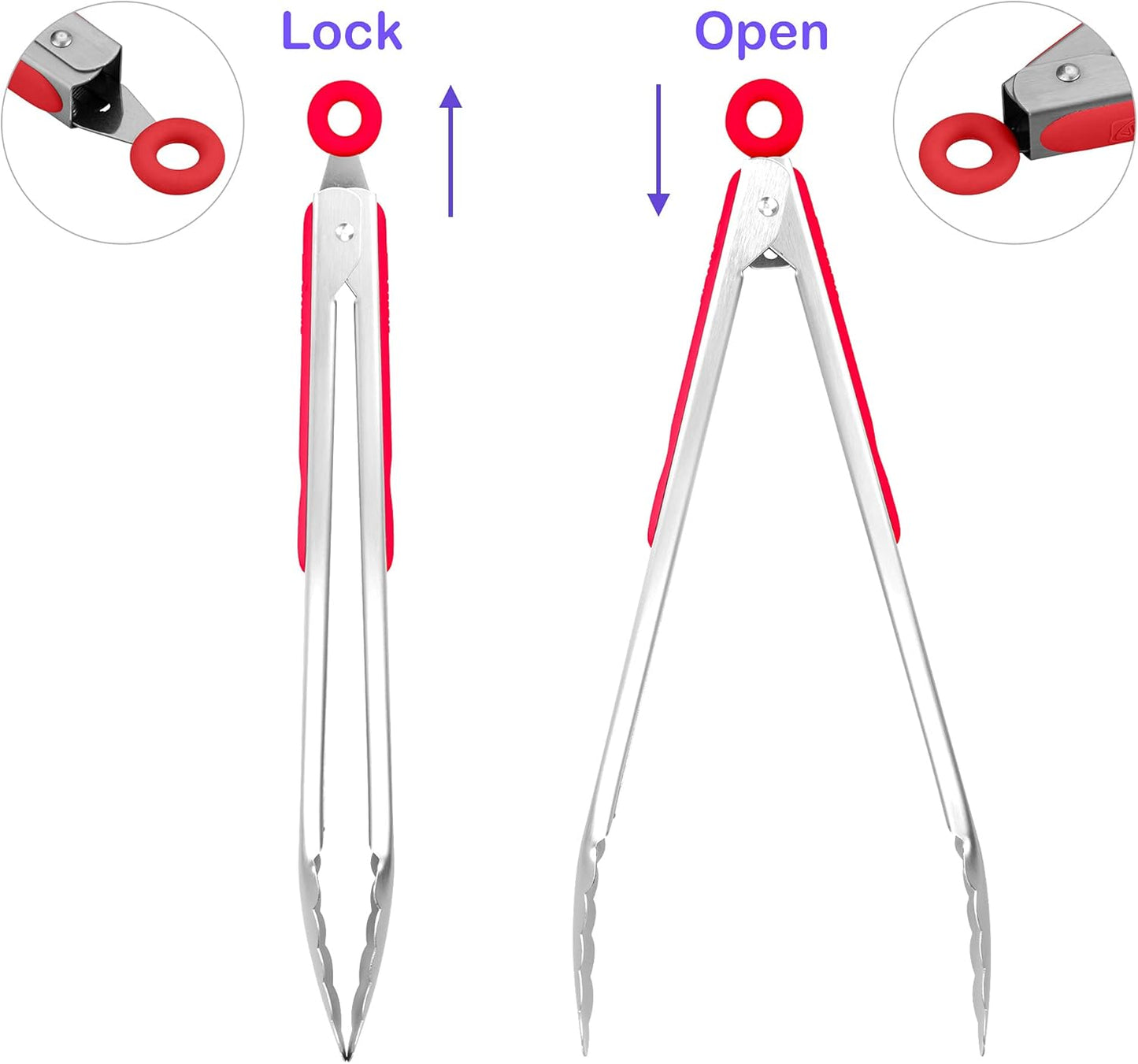304 Stainless Steel Kitchen Cooking Tongs, 12" and 14" Set of 2 Sturdy Grilling Barbeque Brushed Locking Food Tongs with Ergonomic Grip, Red