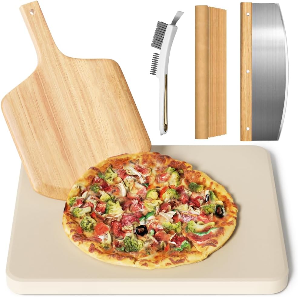 5 PCS Rectangle Pizza Stone Set, 16"Large Pizza Stone for Oven and Grill with Pizza Peel(OAK), Pizza Stone Brush,Pizza Cutter & 10pcs Cooking Paper for Free, Baking Stone for Pizza, Bread,BBQ