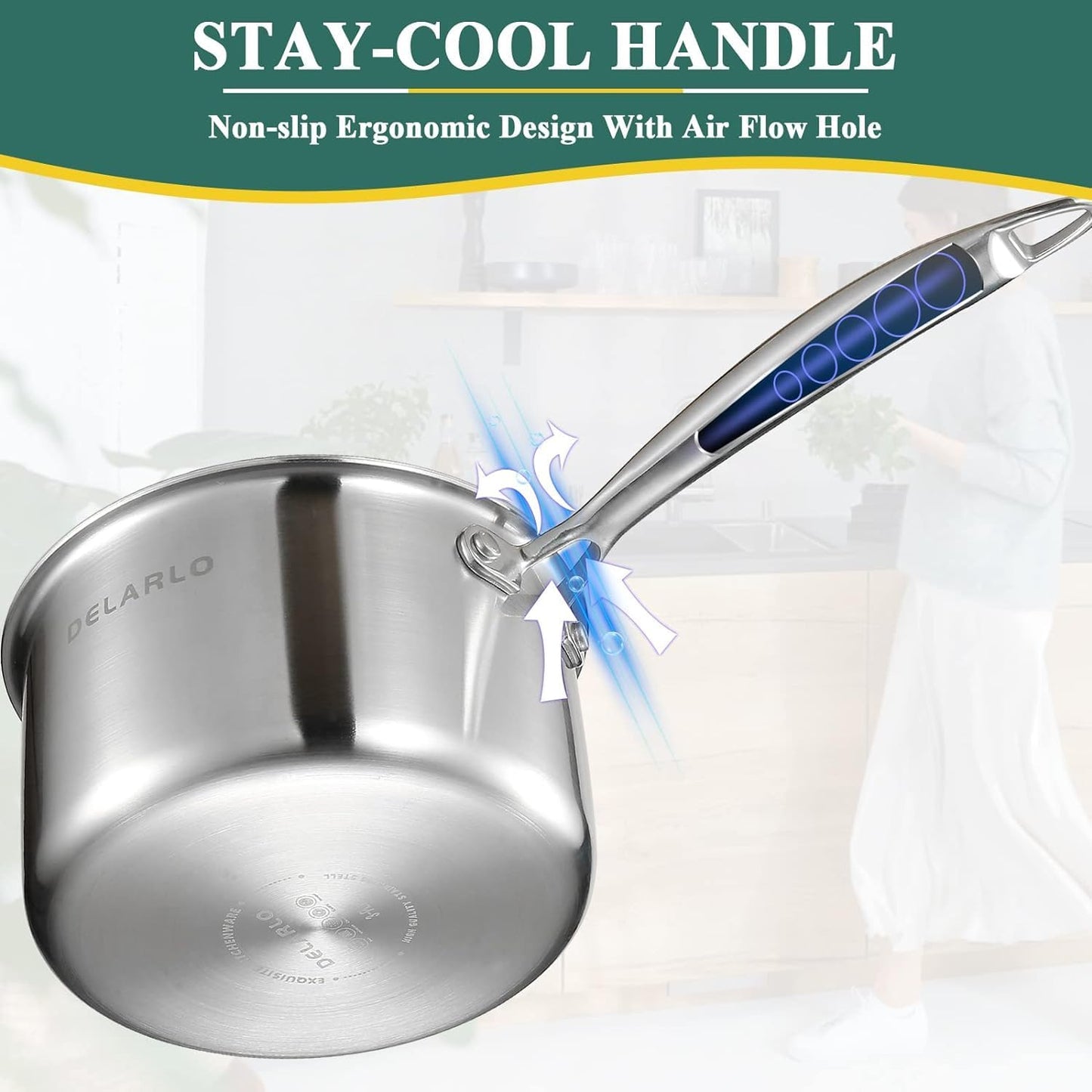 DELARLO Sauce Pan Sets, Compatible with All Cooktops 600℉, Full Clad Triply Stainless Steel Saucepan, 1QT Pot & 2 QT Pot with Steamer (Lids 300℉)