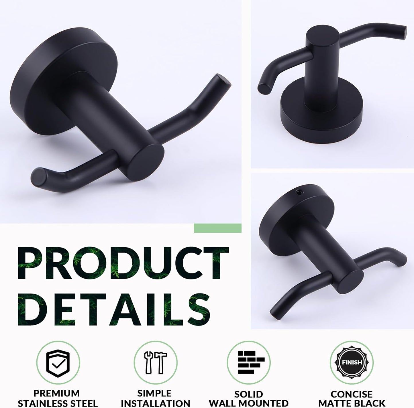 APLusee Double Bath Towel Hook, Premium Stainless Steel Coat Holder, Modern Bathroom Kitchen Storage Hanger Wall Mounted, Matte Black