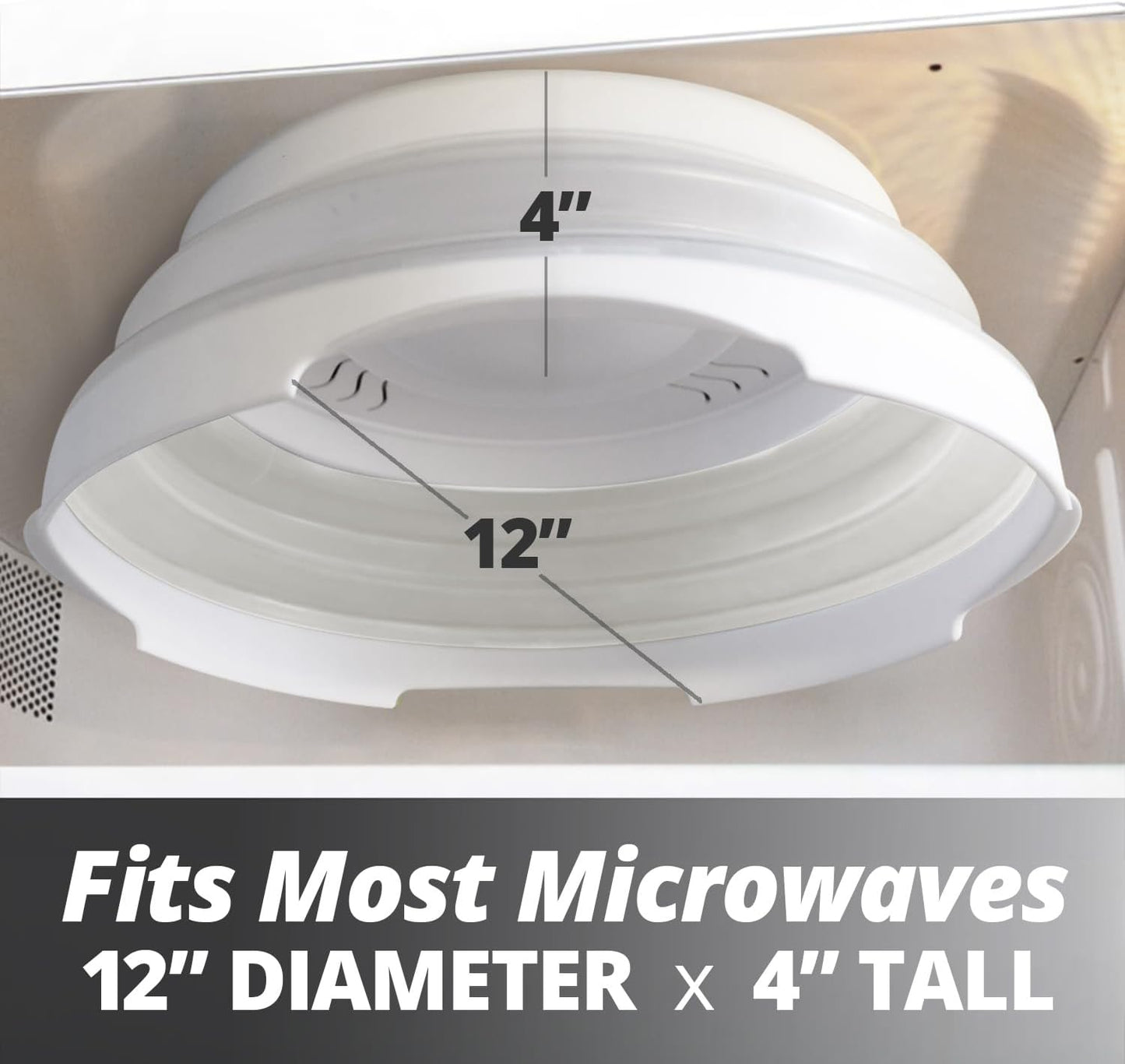 2.0 Magnetic Microwave Splatter Cover, Collapsible 12-Inch BPA-Free Food Lid with Upgraded Magnets, Vented Plate Guard, Dishwasher Safe, Space-Saving Magnetic Storage - White