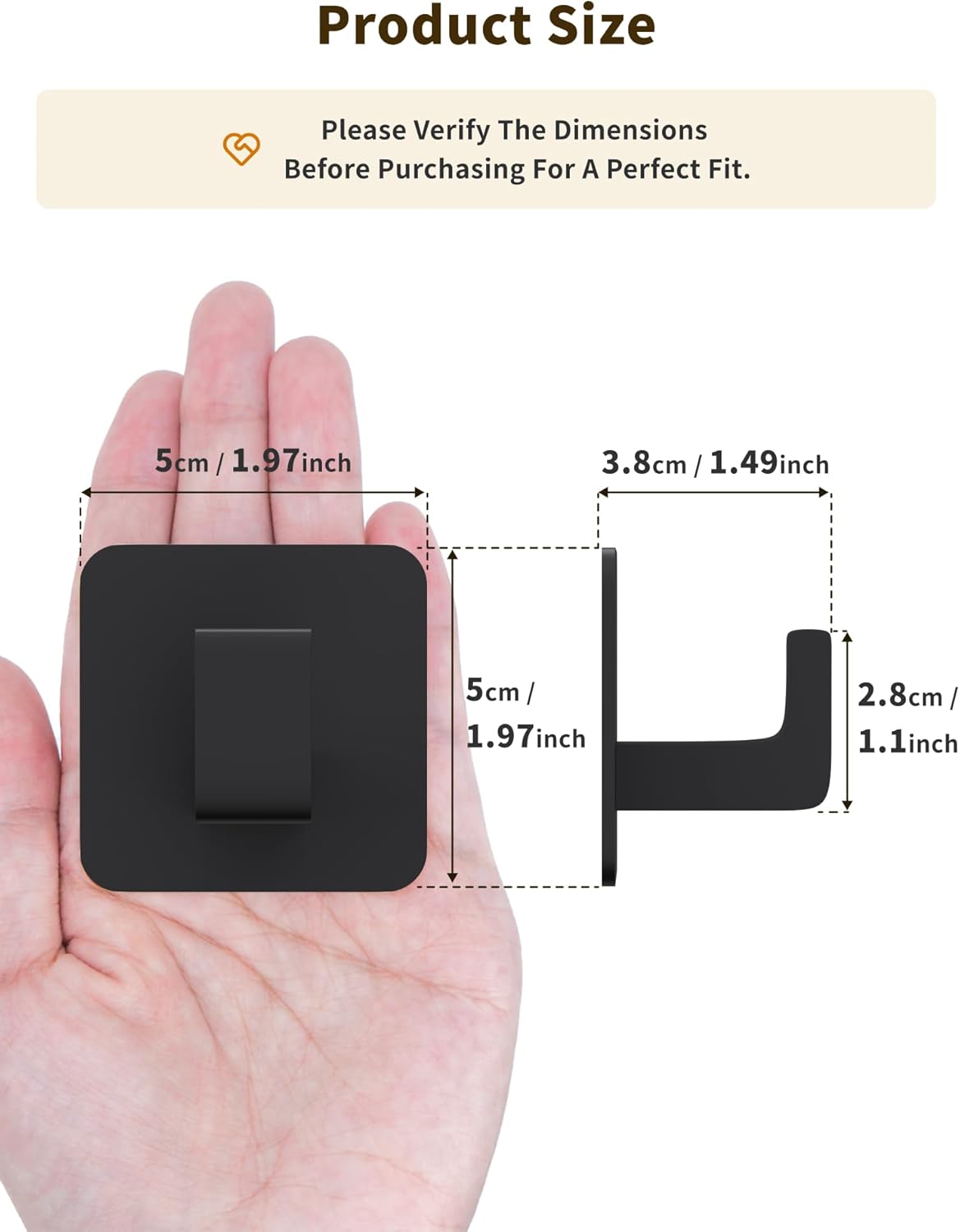 Square Self Adhesive Towel Hooks - 2 Pack Matte Black Metal Hooks, Right-Angle Design for Towels, Robes & Hats, Organize Bathroom, Kitchen, Entryway, Doors, Cabinets on Smooth Surfaces