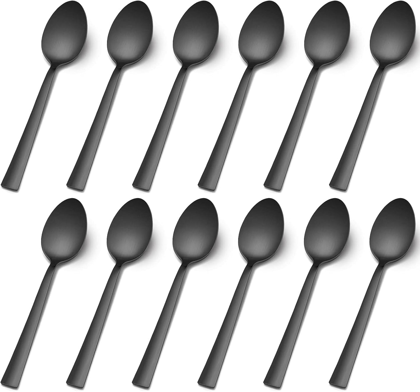 Matte Black Dinner Spoons Set of 12, E-far 7.9 Inch Stainless Steel Soup Spoons Tablespoons for Home, Kitchen or Restaurant, Non-toxic & Mirror Polished, Squared Edge & Dishwasher Safe