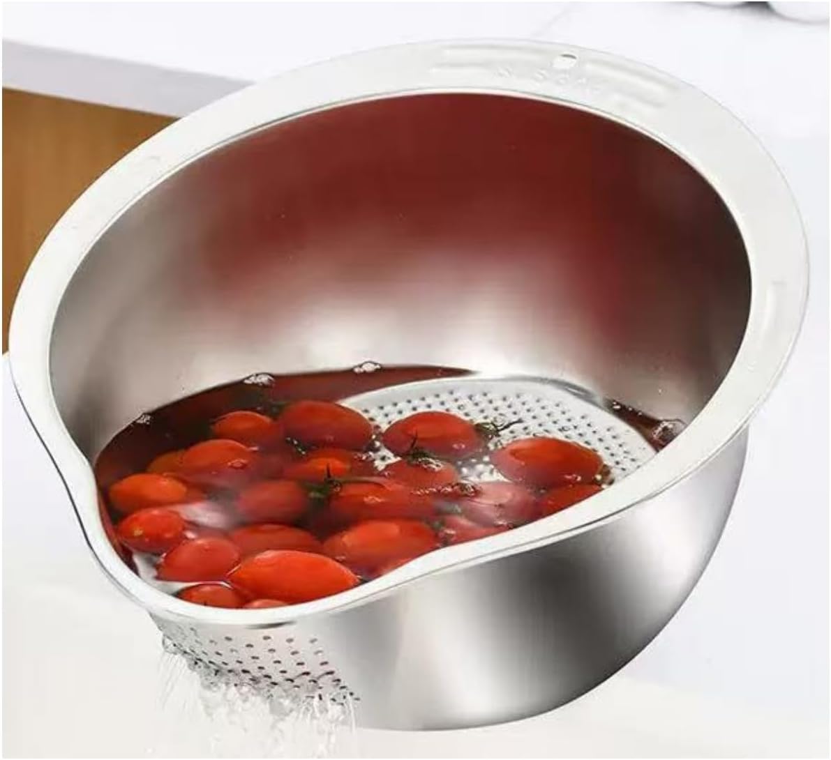 2 Pack Rice Washer Strainer Bowl,Stainless Steel Washing Bow Rinser With Side Drainers Colander for Cleaning Fruits, Vegetables Silver