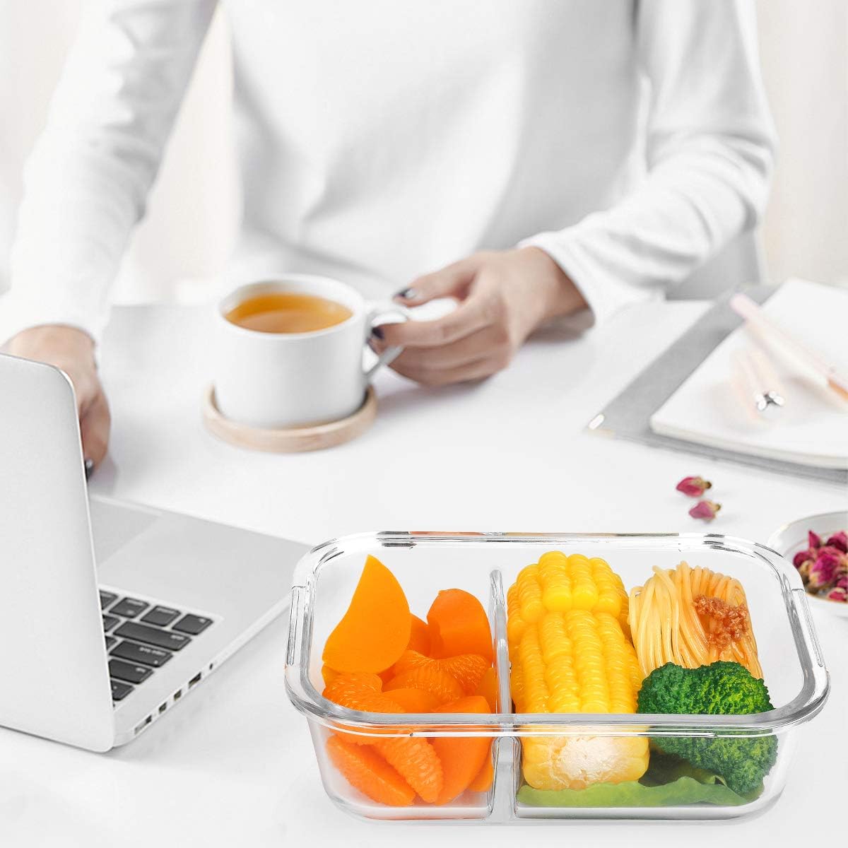 [5-Pack,36 Oz]Glass Meal Prep Containers 2 Compartments Portion Control with Upgraded Snap Locking Lids Glass Food Storage Containers, Microwave, Oven, Freezer and Dishwasher (4.5 Cups, Green)