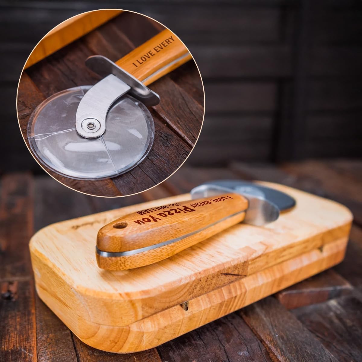 Pizza Cutter Wheel with Sharp Blade - Gifts for Men, Women, Gift for Husband, Birthday & Christmas Gift - Wooden Pizza Wheel Cutter (I Love Every Pizza You)