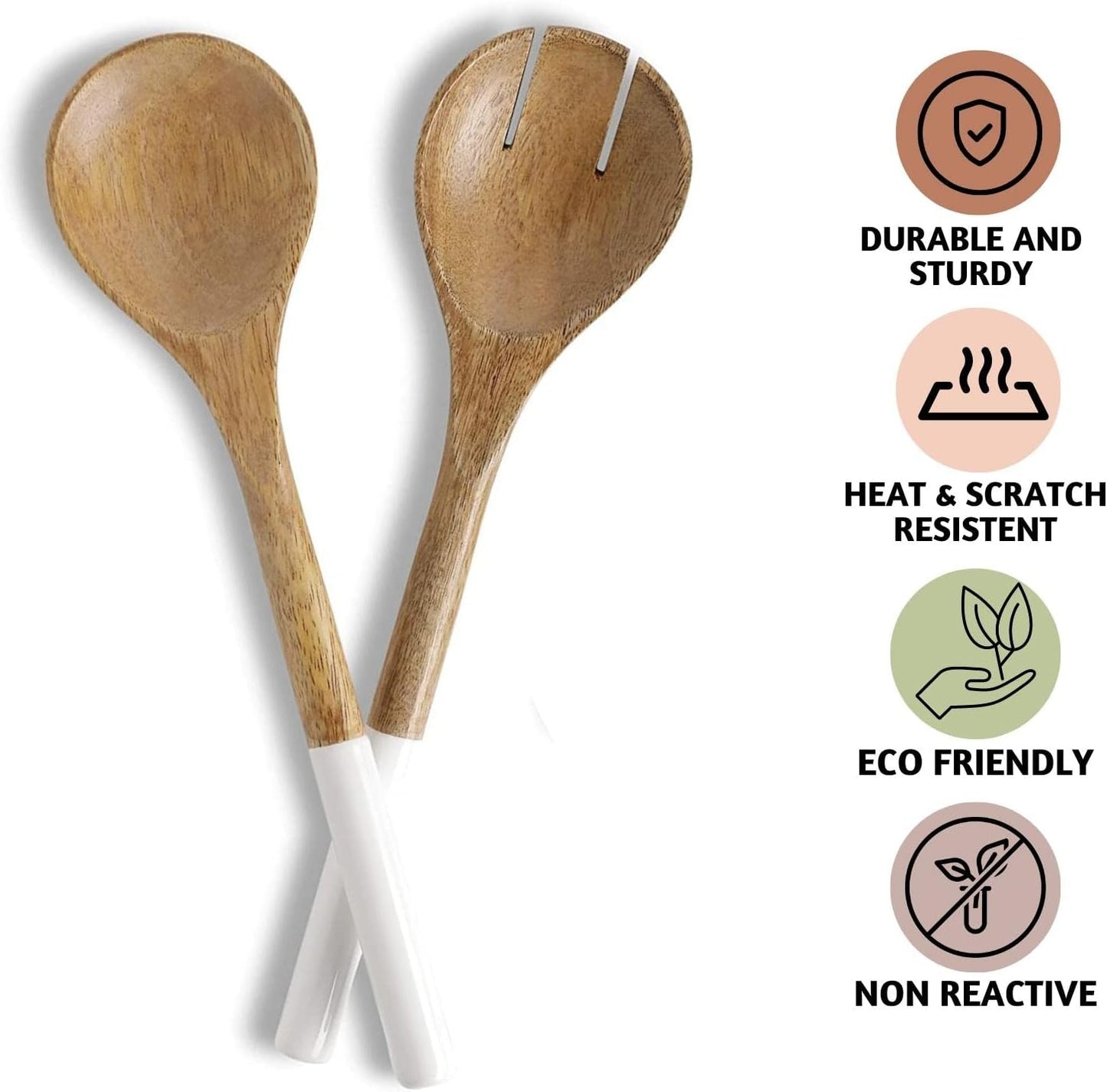 Folkulture Salad Servers or Salad Tongs, Wooden Utensils for Serving Salad, 12-inch Spoon and Fork Set, Mango Wood, White