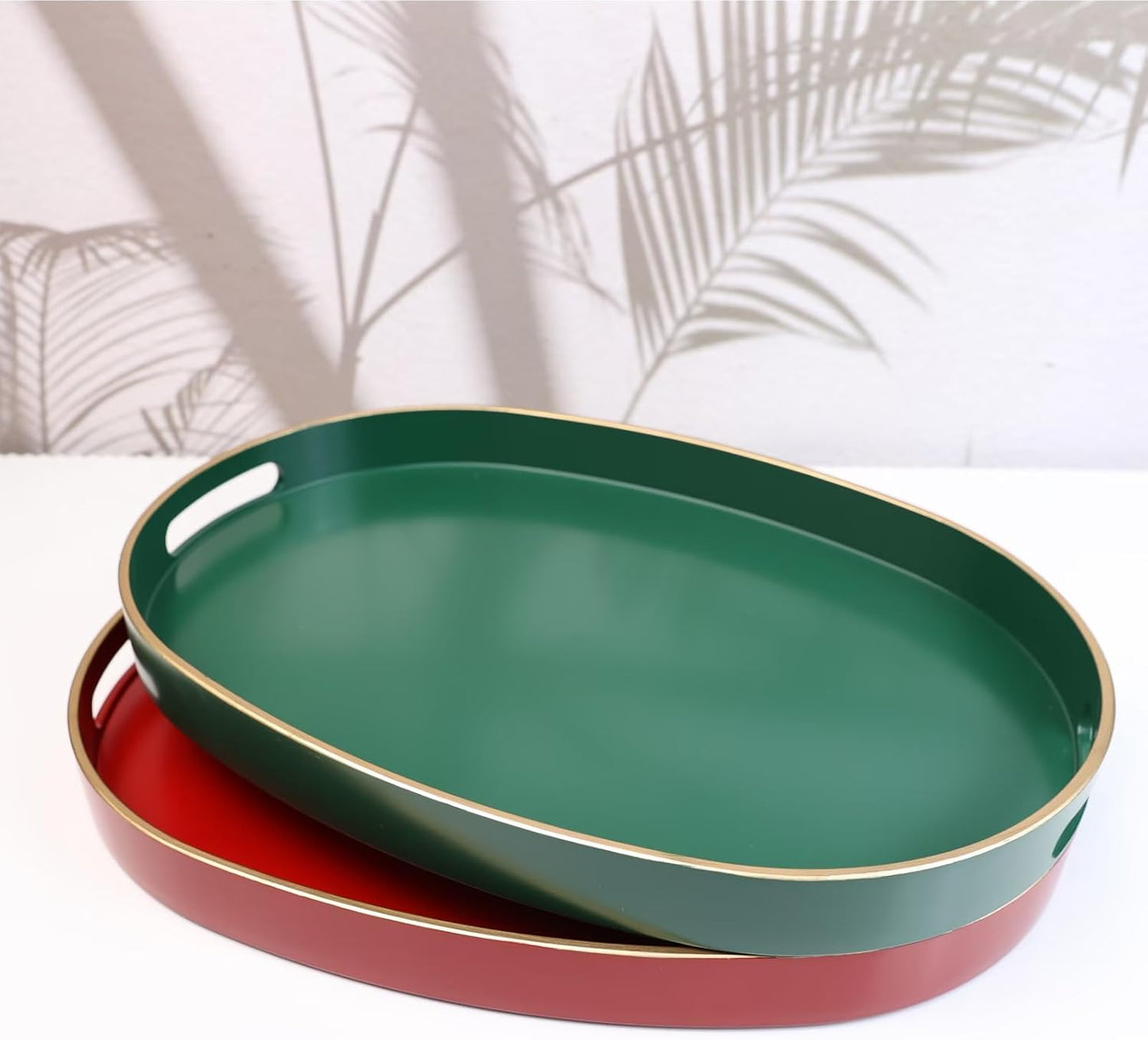 Spsyrine Dark Green Plastic Serving Tray for Ottoman, Coffee Table, Oval Decorative Tray for Entertaining, Outdoor, Living Room, Home Decor