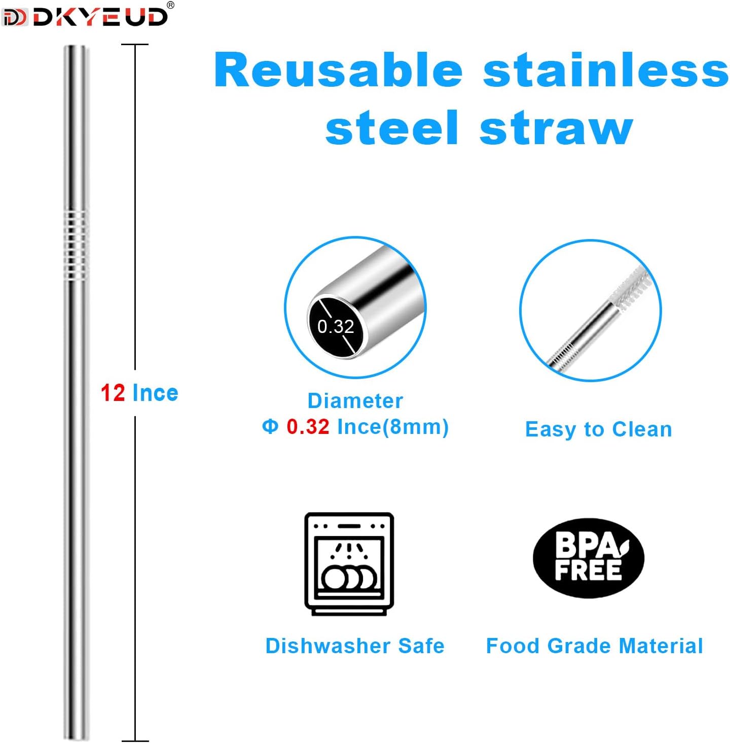 Newly Upgraded Extra Long 12In Metal Straws Reusable Set 12 PCS,BPA Free, Eco-Friendly Stainless Steel Straws Fit 40 oz Tumbler,for Hot/Cold Drinks