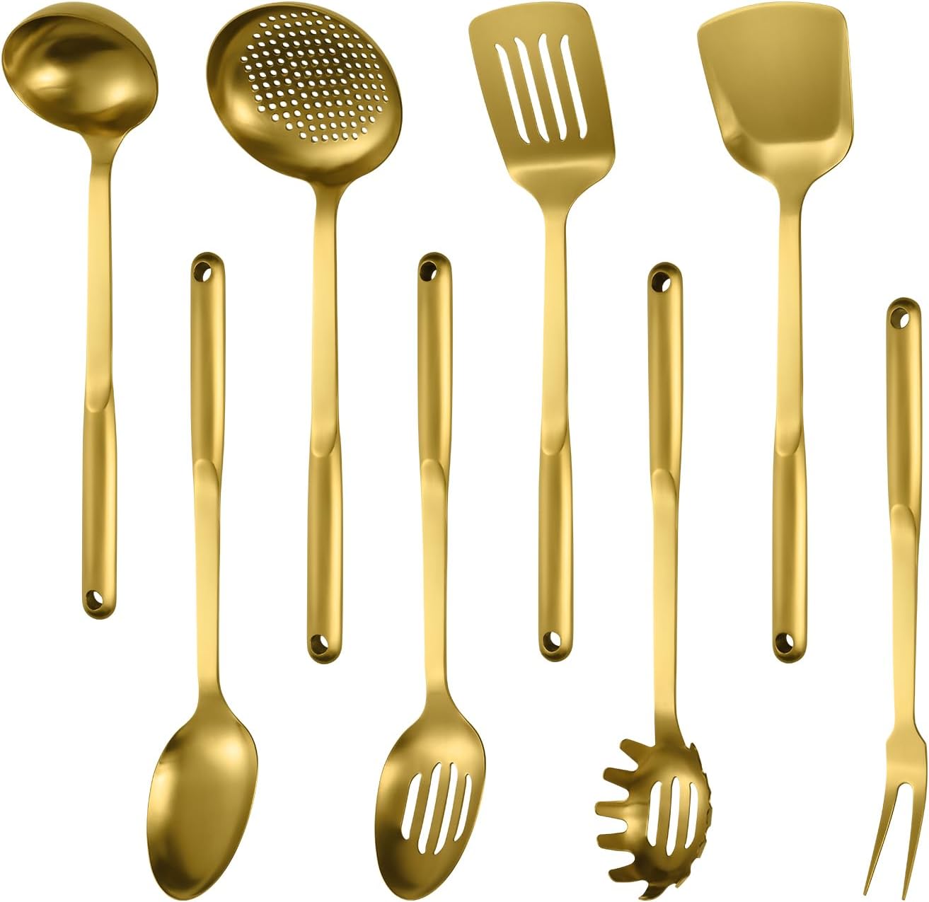 304 Stainless Steel Cooking Utensils Set, 8PCS Kitchen Utensils Set, Include Skimmer, Soup Ladle, Spaghetti Server, Wok Spatula, Slotted Spoon, Solid Spoon, Slotted Spatula Turner & Meat Fork, Gold