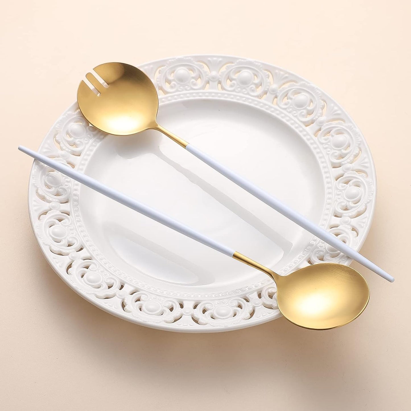 Salad Servers,Spoon and Fork Set 11.41 inch,18/10 Stainless Steel Salad Serving Titanium Plating (White gold)