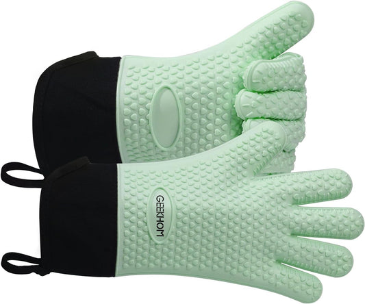GEEKHOM BBQ Gloves Heat Resistant Oven Mitts - Silicone Grilling Gloves with 14" Long Arm Protection - Waterproof Pot Holder Non-Slip for Men & Women, Kitchen Cooking, Baking, Camping, Mint Green