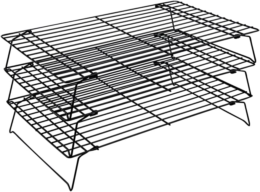 Restaurantware Met Lux 15.7 x 9.8 x 8.3 Inch Wire Baking Rack Set 1 Stackable Oven Wire Rack Set - 3-Tier Design Oven-Ready Up To 392F Black Iron Cooling Rack Set With Collapsible Feet