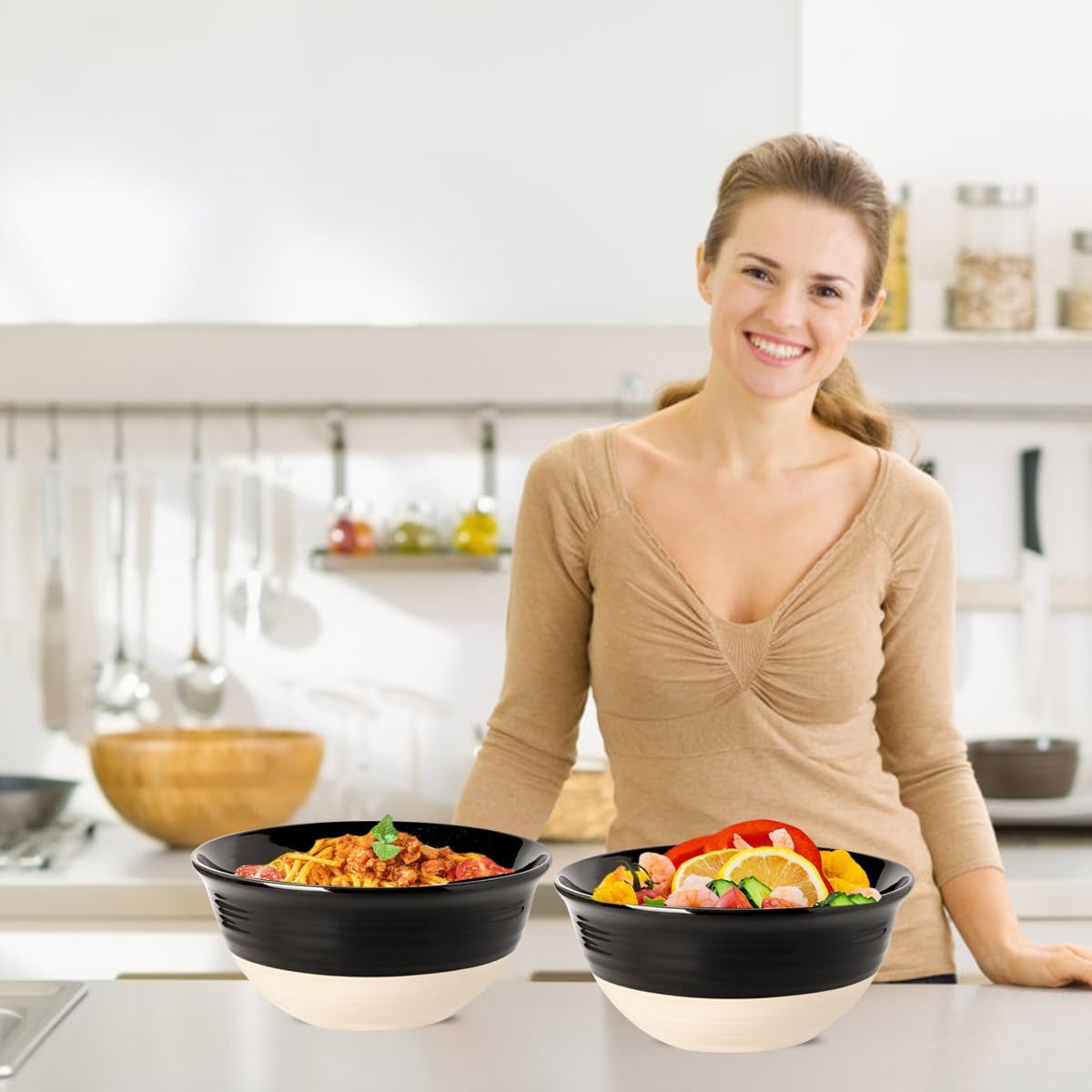 Hasense Ceramic Serving Bowls Set of 2, 9 Inch Large Salad Bowls for Kitchen, 84 Ounce Mixing Bowl Set for Cooking, Baking, Side Dishes, Soup, Popcorn, Dishwasher and Microwave Safe, Black