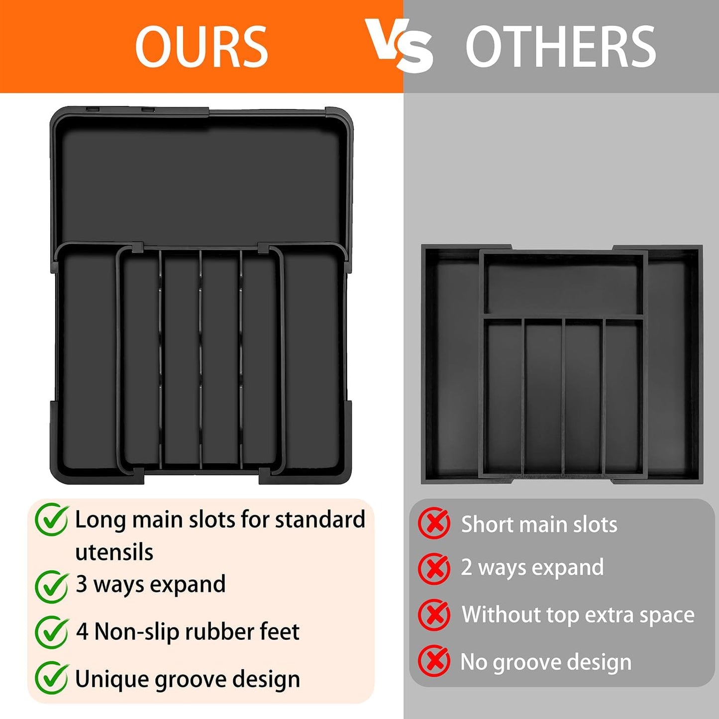 Silverware Organizer - Expandable Kitchen Drawer Organizer, Utensil Drawer Organizer, Adjustable Plastic Flatware and Cutlery Holder, Kitchen Organizers Storage for Forks Knives, Black