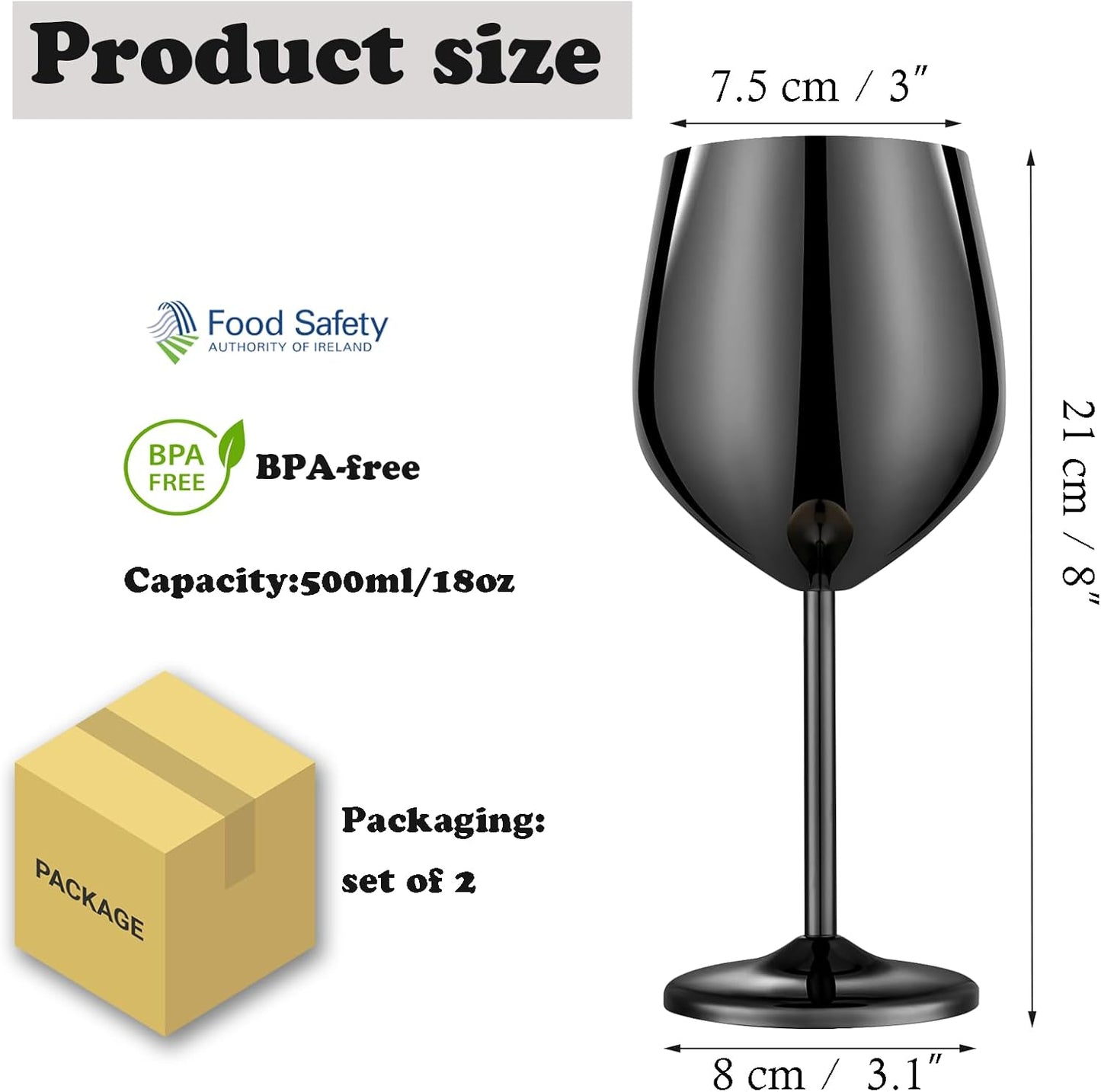 Stainless Steel Wine Glasses Set of 2, 18 oz Unbreakable Black Wine Glass Unique Metal Wine Goblets for Outdoor Capming and Pool Gift for Wine Lovers