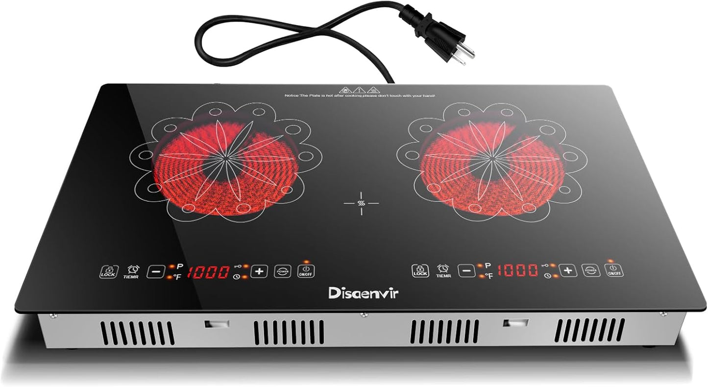 2 Burner Electric Cooktop - 24 Inch Electric Stove Built-in and Countertop, Portable Two Burner Ceramic Cook Top with Child Lock, Timer, Sensor Touch Control, 110V - 120V Plug in