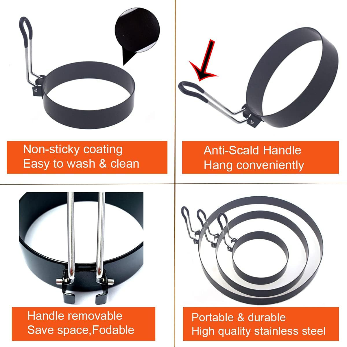 Pancake Ring for Griddle,2 Packs 6 Inch Egg Pancake Maker,Omelette Rings for Griddle,Non-stick Stainless Steel Crumpet Ring,Egg Muffin Rings Fried Egg Ring Pancake Shaper with Sinlicone Handle Grill