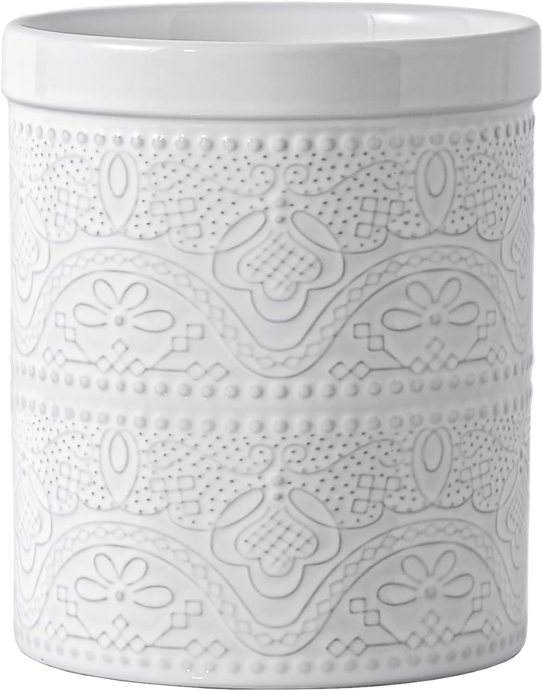 FUN ELEMENTS Kitchen Utensil Holder, 7.2" Super Large Utensil Crock Heavy and Stable Lace Emboss Ceramic Utensil Holder for Kitchen Counter (Bright White)