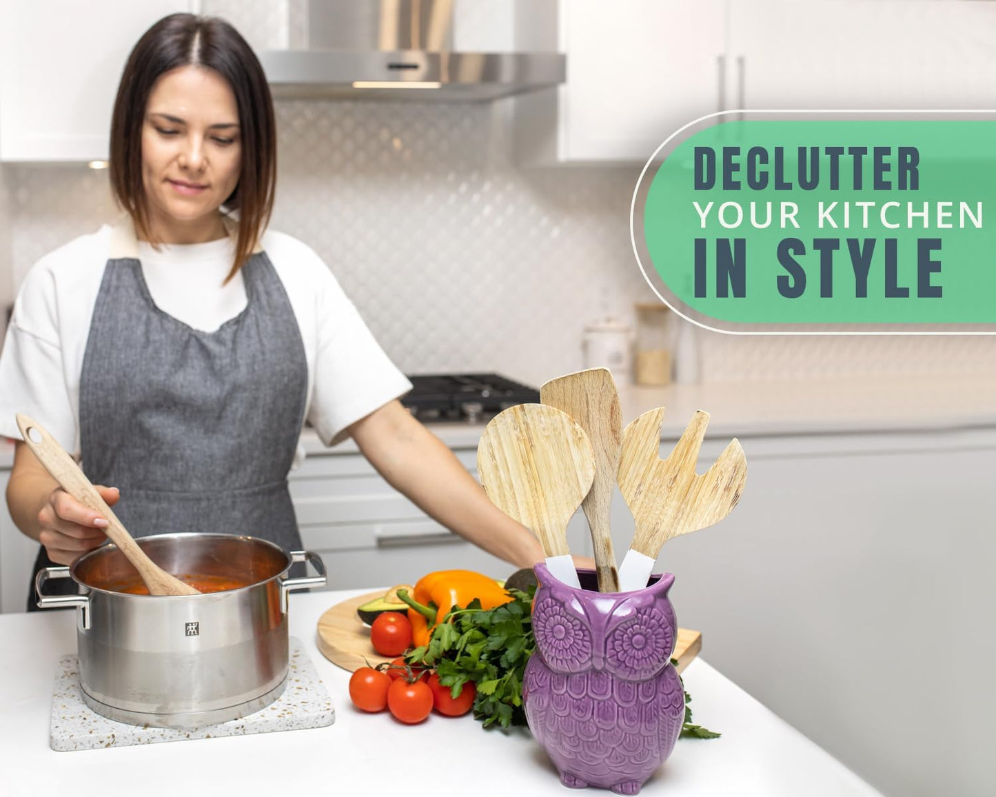 Comfify Owl Utensil Holder Decorative Ceramic Cookware Crock & Organizer, in Lovely Purple Color - Utensil Caddy and Perfect Kitchen Ceramic Decor Gift - 5” x 7” x 4” Compact & Cute