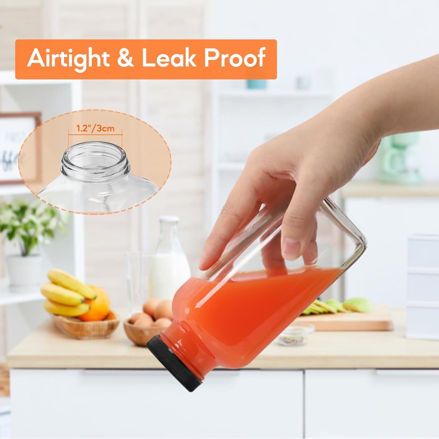 STARSIDE 12 oz Glass Juice Bottles with Lids 6 Pack - Square Reusable Drinking Jars for Juicing, Milk, Kombucha - Includes 1 Bottle Brush, 6 Colored Labels