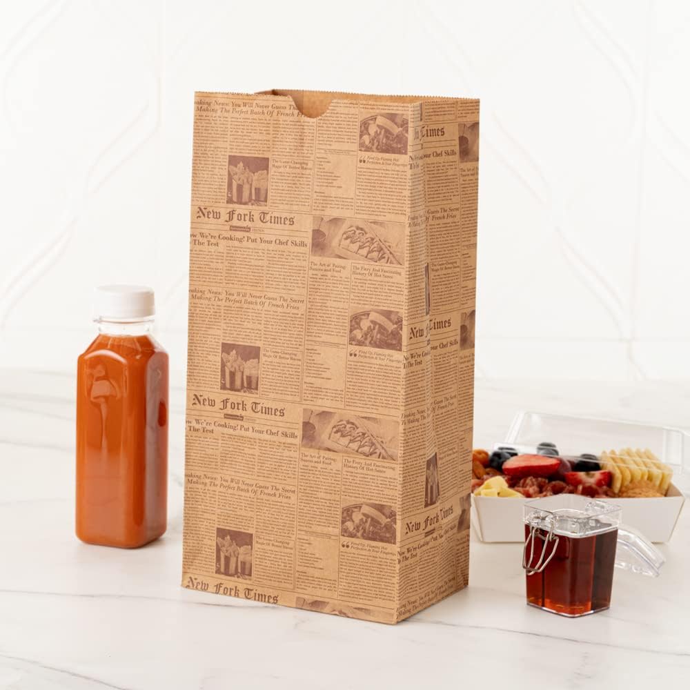 Restaurantware Bag Tek 8 Lb Disposable Lunch Bags 100 Sturdy Take Out Bags - Flat Bottom Microwavable Kraft Newsprint Design Paper Bags Freezable Great For Restaurants Cafes And Bakeries