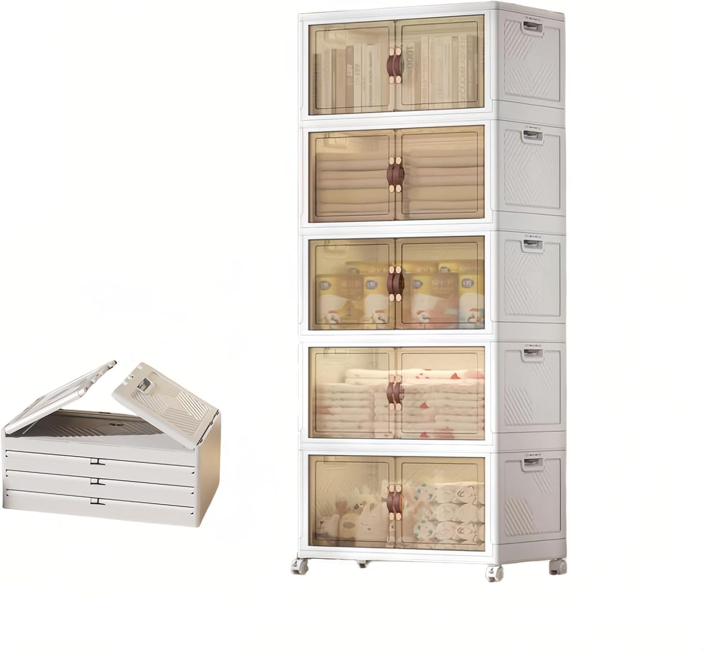 5-Tier Closet Organizer and Storage with 1 Lid, 95 Gal Stackable Storage Bins with Lids and Wheels, Folding Storage Boxes with Open Front Door for Closet and Office