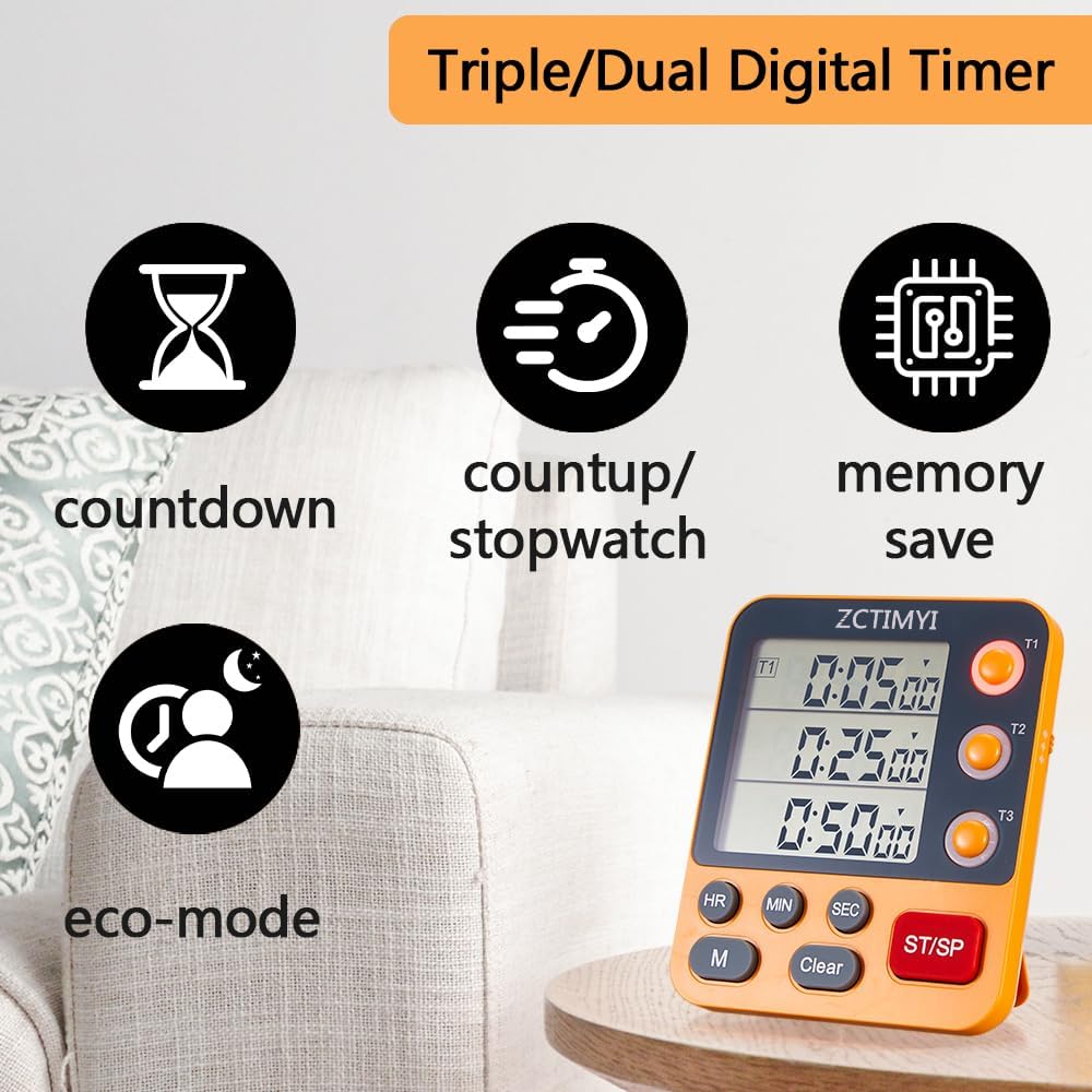 Dual Digital Timer for Kitchen Cooking, 3 Channels Count Down/Up Triple Timer for Kids, Presets Memory Large Display & Magnetic Back Adjustable Alarm Volume, Suit for Student Teacher Studying, Orange